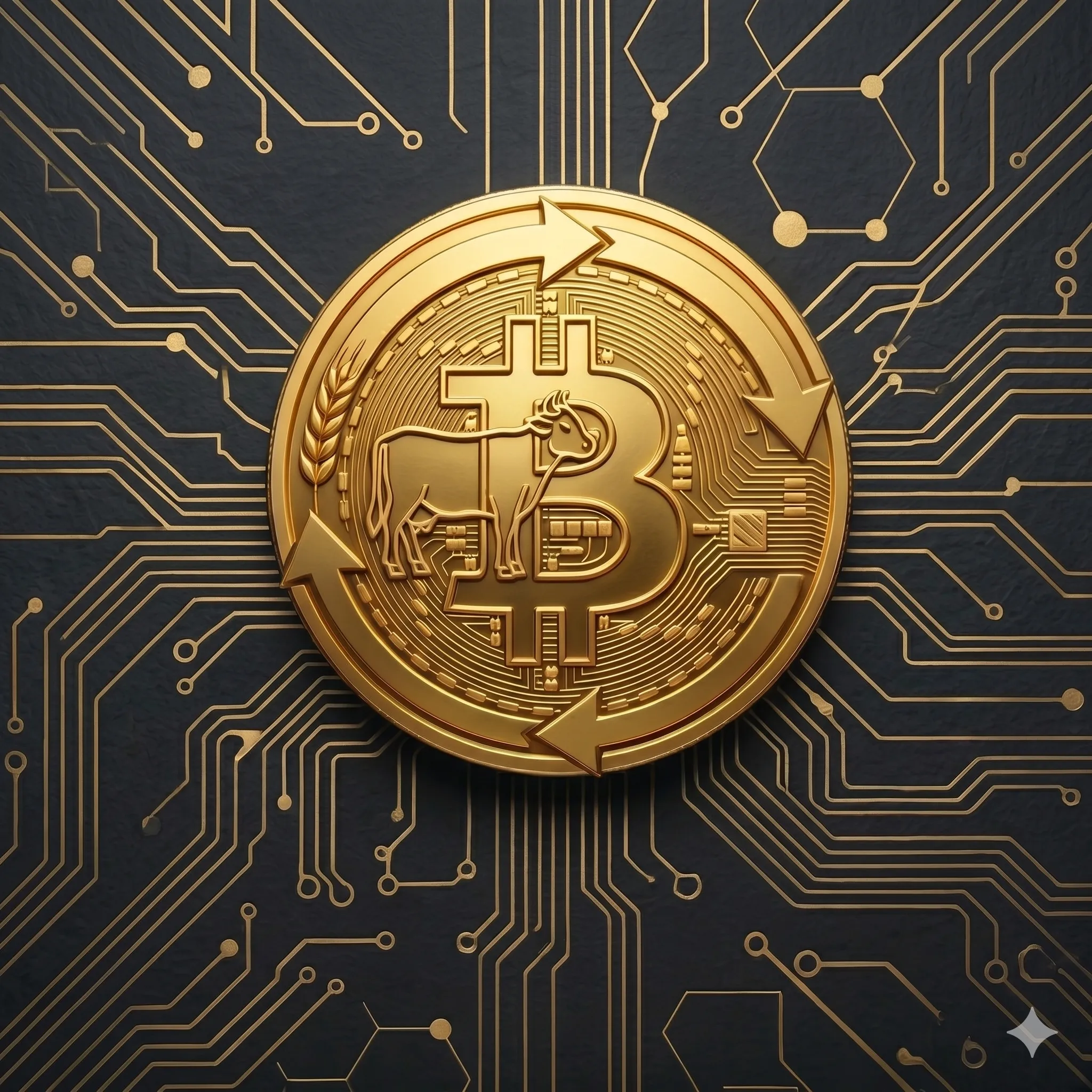 Moeda dourada AgroCompliance.Digital com símbolo bitcoin e ícone de bovino sobre fundo escuro de circuitos eletrônicos, simbolizando a fusão entre pecuária, conformidade regulatória e ativos digitais