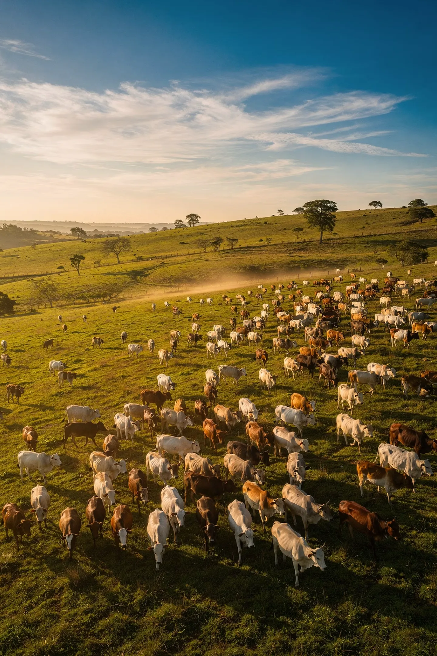 Vista aérea de pecuária extensiva brasileira ao entardecer