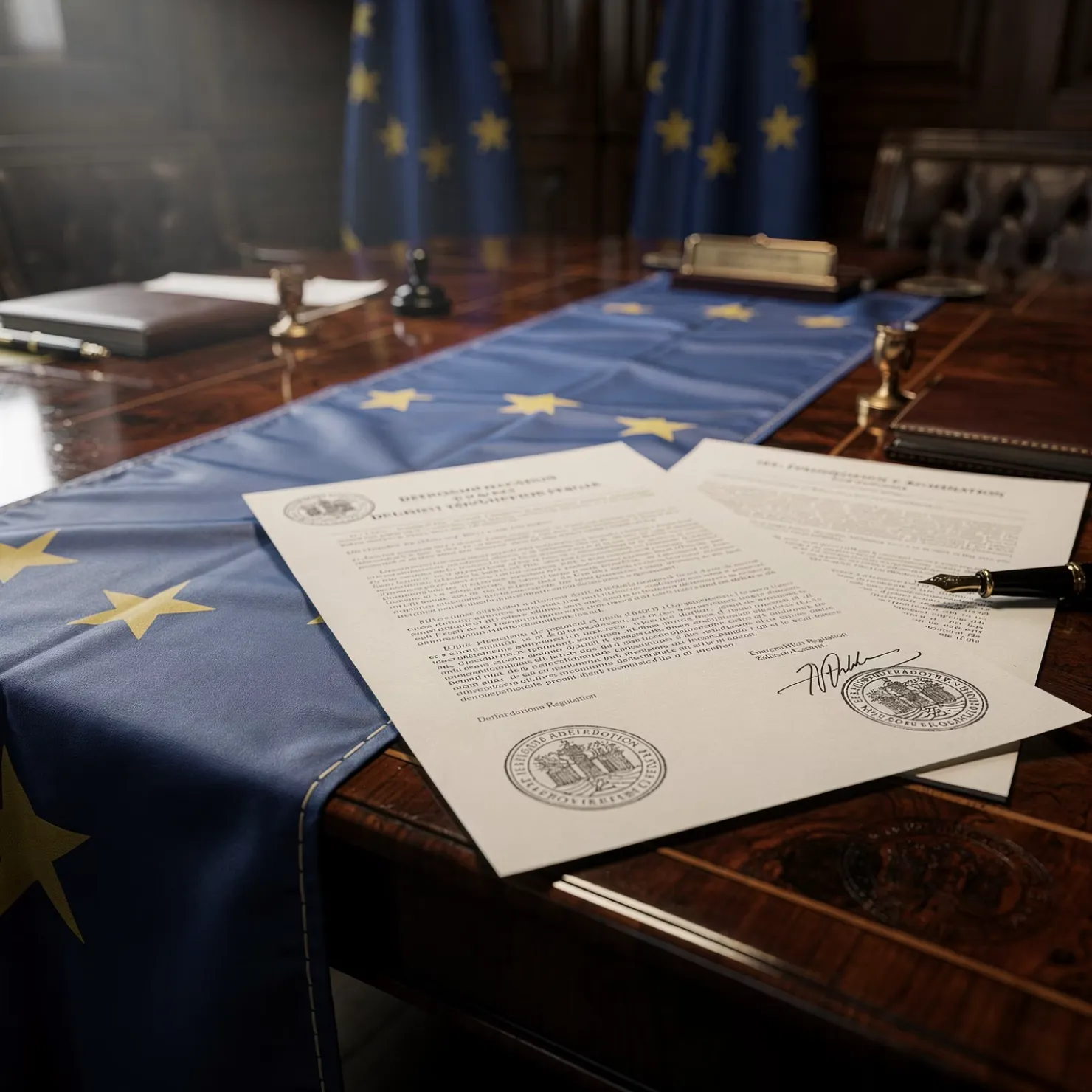 Documento e bandeira da União Europeia simbolizando regulação EUDR