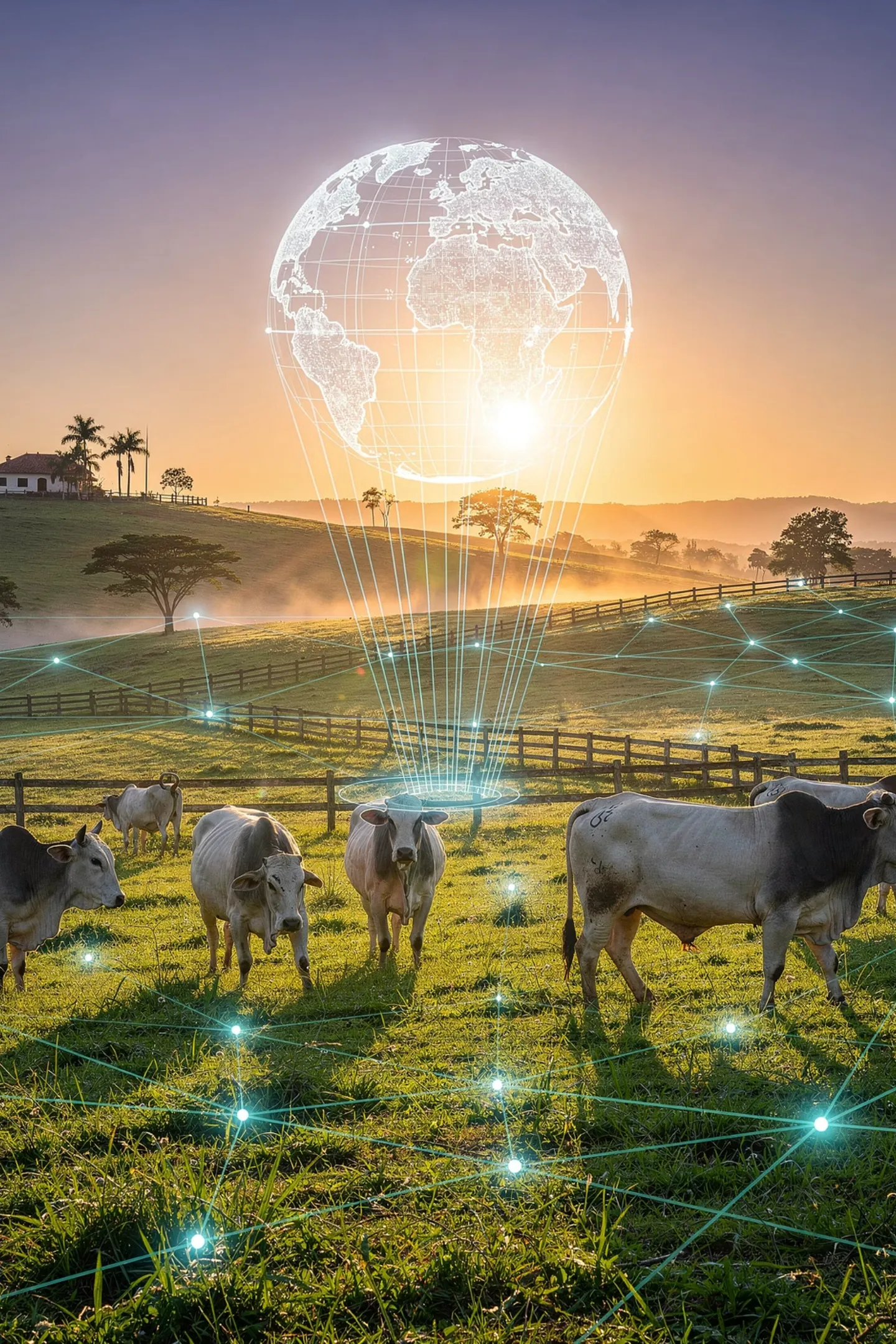 Visualização holográfica de globo digital sobre pastagem com bovinos — representação da pecuária digital brasileira