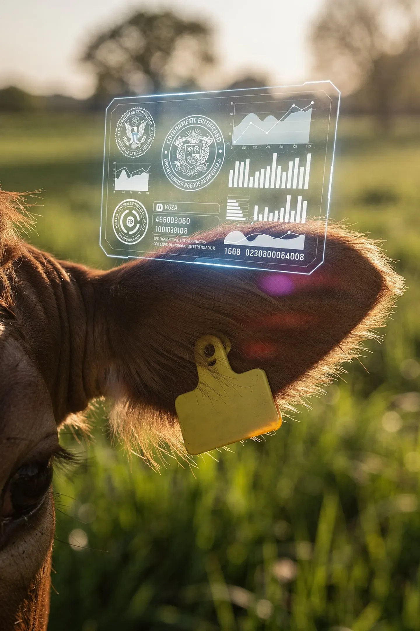 HUD holográfico exibindo dashboards regulatórios sobre brinco eletrônico de bovino
