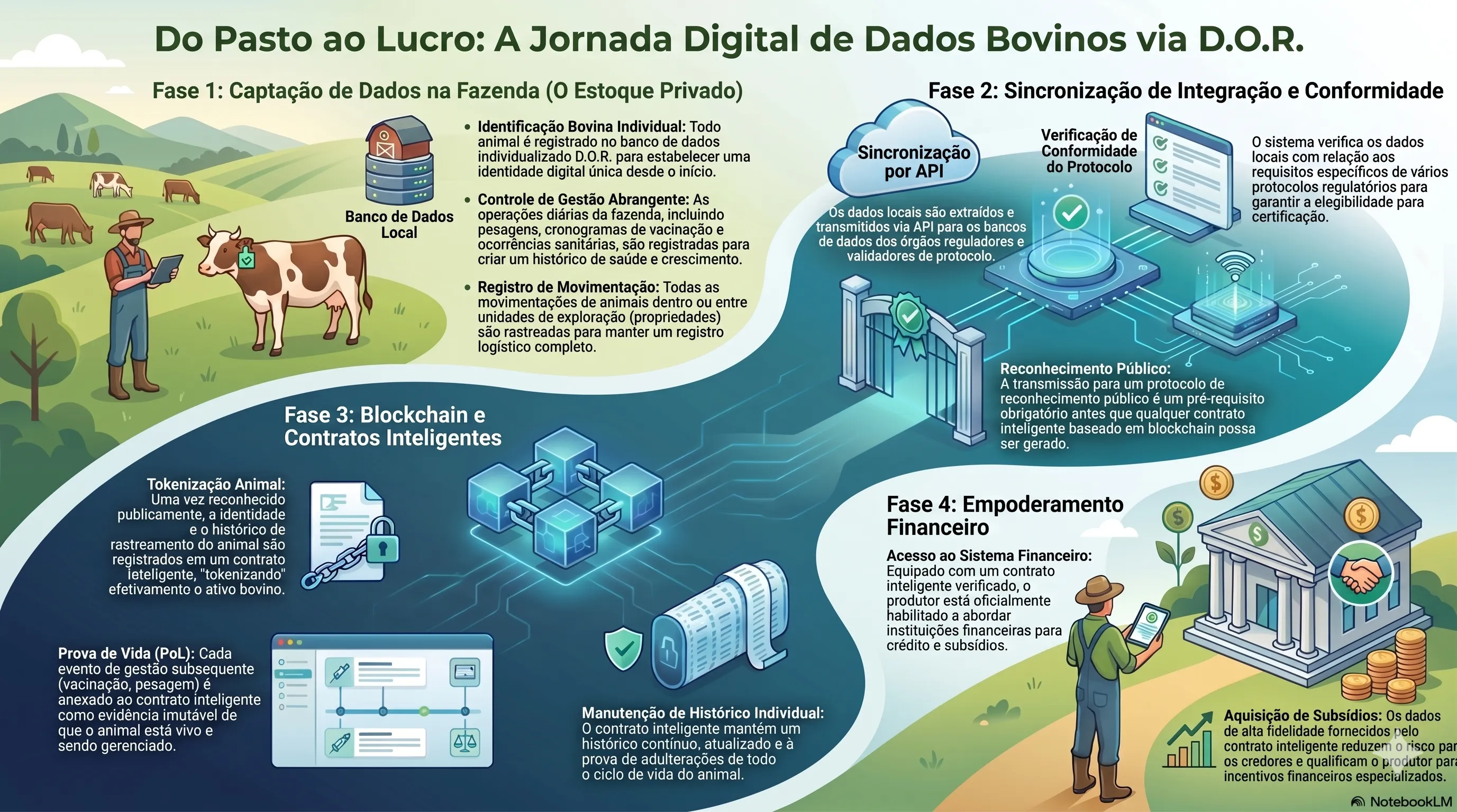 Infográfico Do Pasto ao Lucro: jornada digital de dados bovinos via D.O.R. em quatro fases