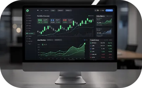 Dashboard de trading exibindo gráficos de portfólio e mercado financeiro digital