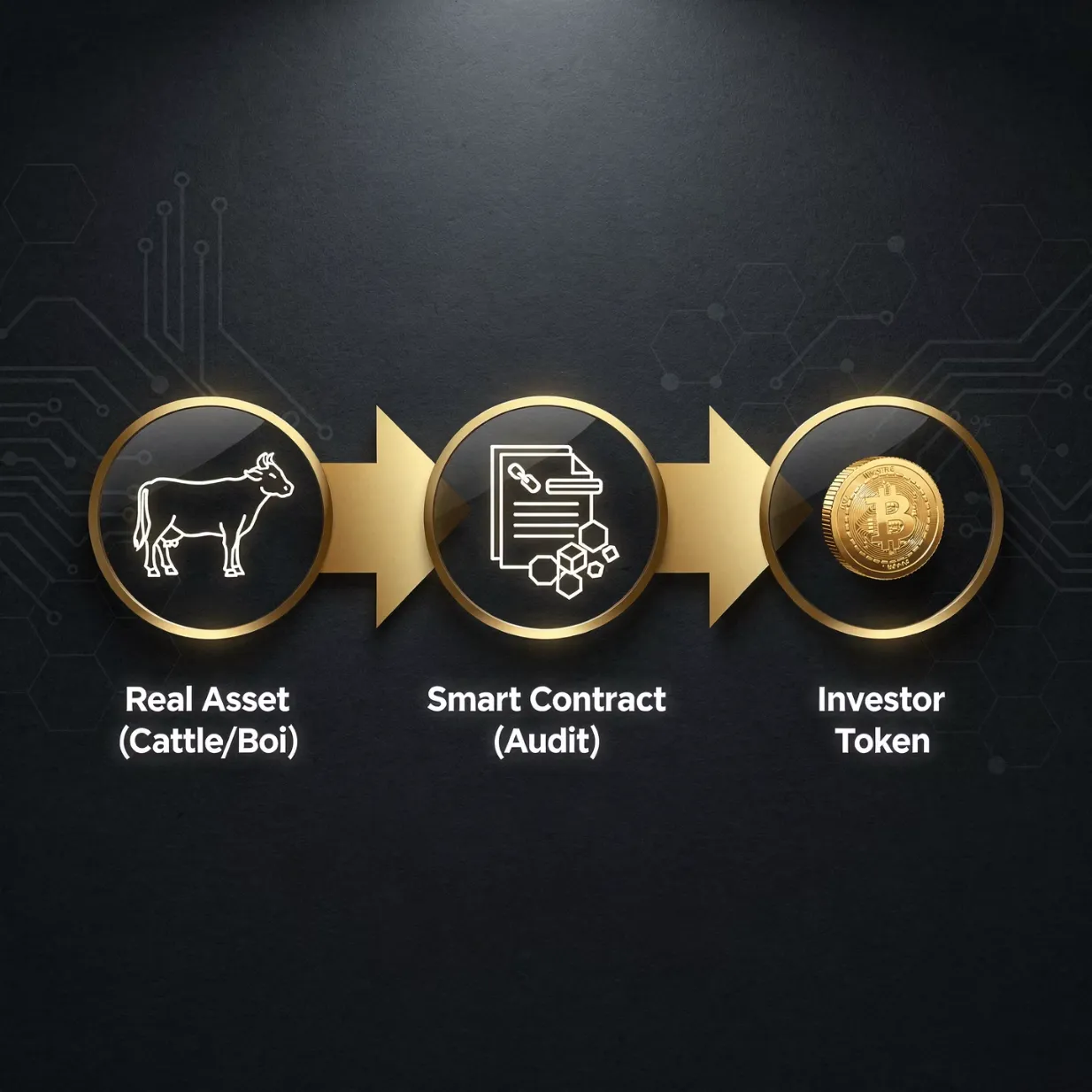 Fluxo de tokenização: ativo real (boi) — smart contract auditado — token de investidor